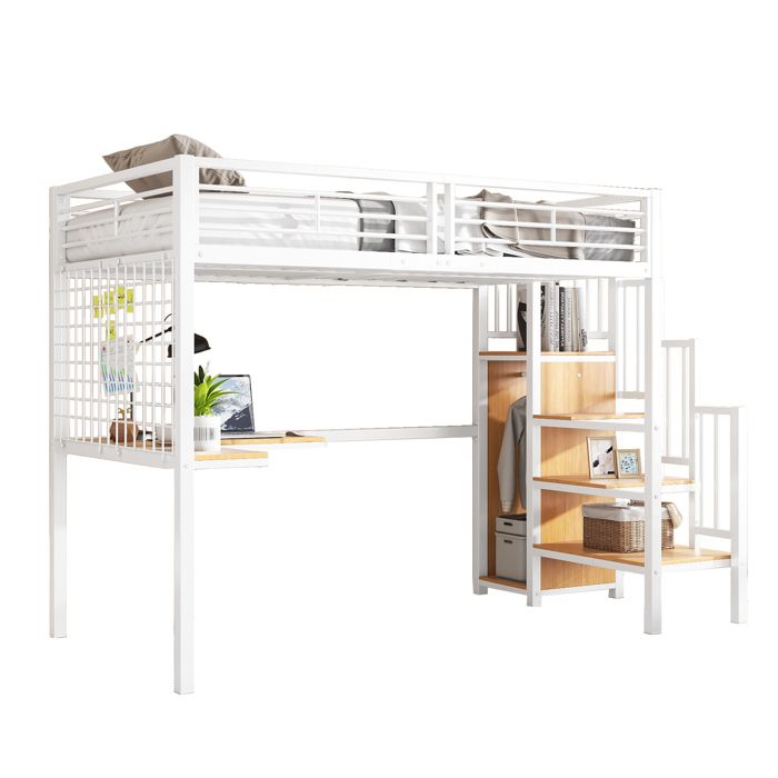 Lit Mezzanine 90x200 cm - Lit Combiné en Métal avec Bureau Armoire et Échelle Latérale - Sans Matelas - Blanc et Bois Naturel