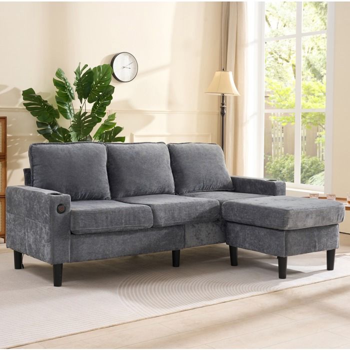Canapé d’angle modulable en lin gris avec repose-pieds USB/Type-C porte-gobelets et poches
