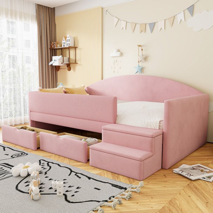Lit enfant rembourré rose en velours avec marches barrières et 2 tiroirs