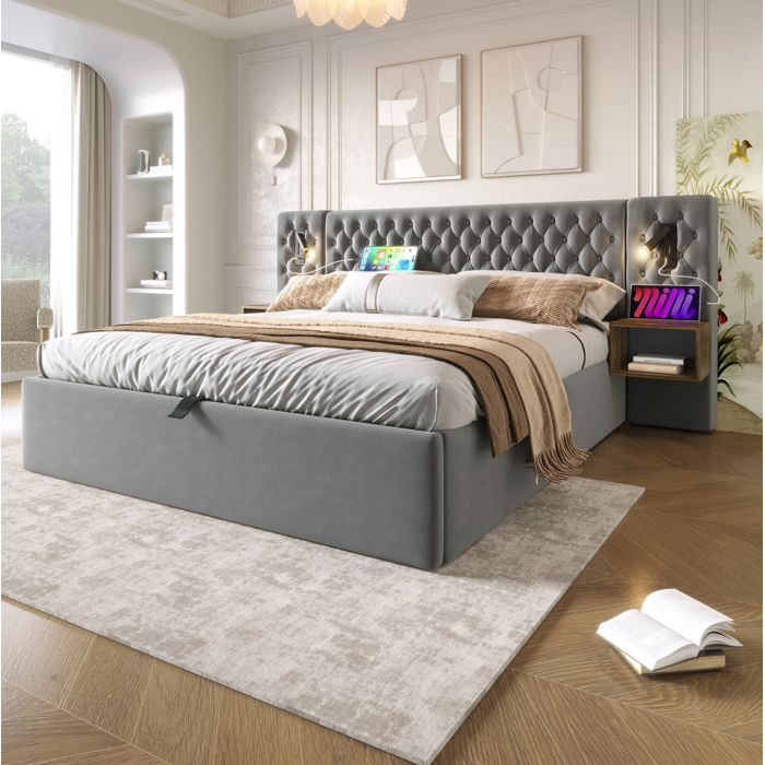 Lit coffre double gris 180 × 200 en velours avec 2 chevets liseuses USB sans matelas