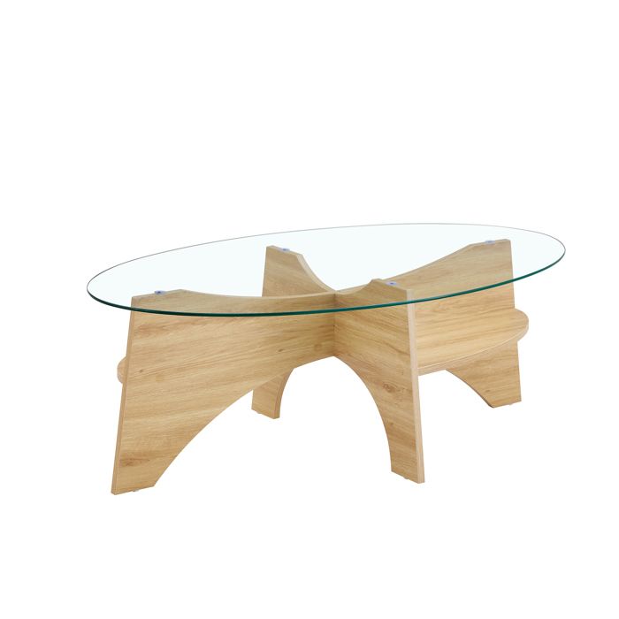 Table basse ovale en verre de sécurité - WELLTIN - 1049x60cm - Verre 06 cm - Rangement étagères diagonales - Bois clair
