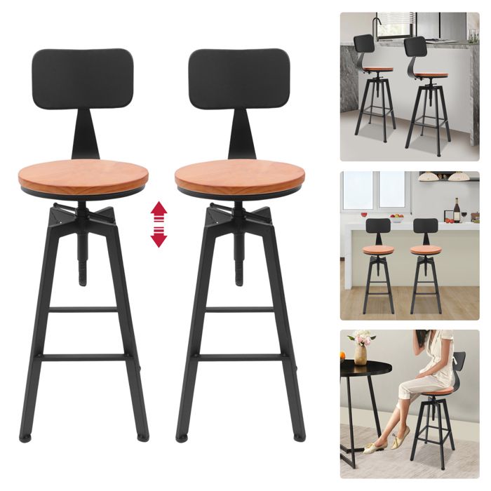 Lot de deux tabourets de bar vintage en bois avec dossier inclinable et repose-pieds métallique réglable
