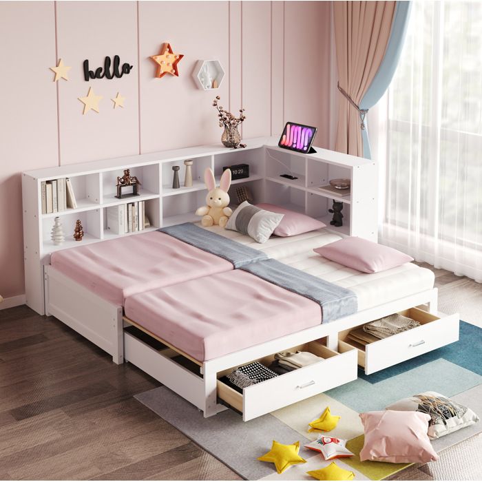 Lit banquette blanc 90/180 × 190 avec lit gigogne rangements et prise sans matelas