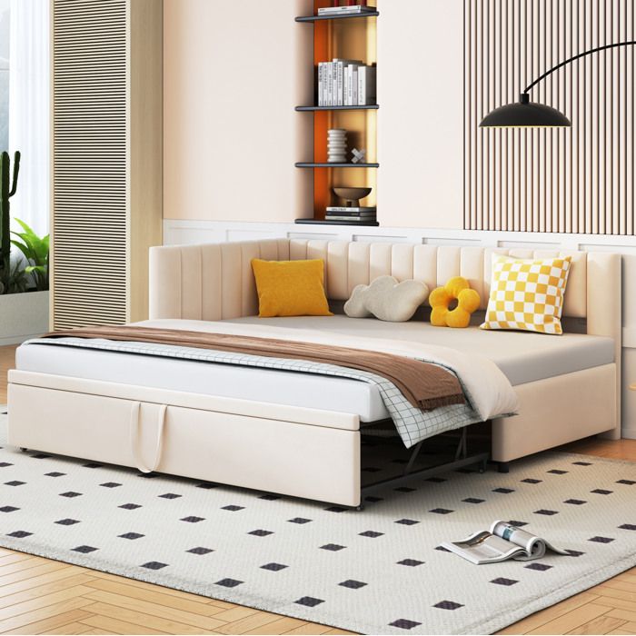 Lit enfant beige 90×200 cm modulable avec lit gigogne sommier inclus velours montage nécessaire