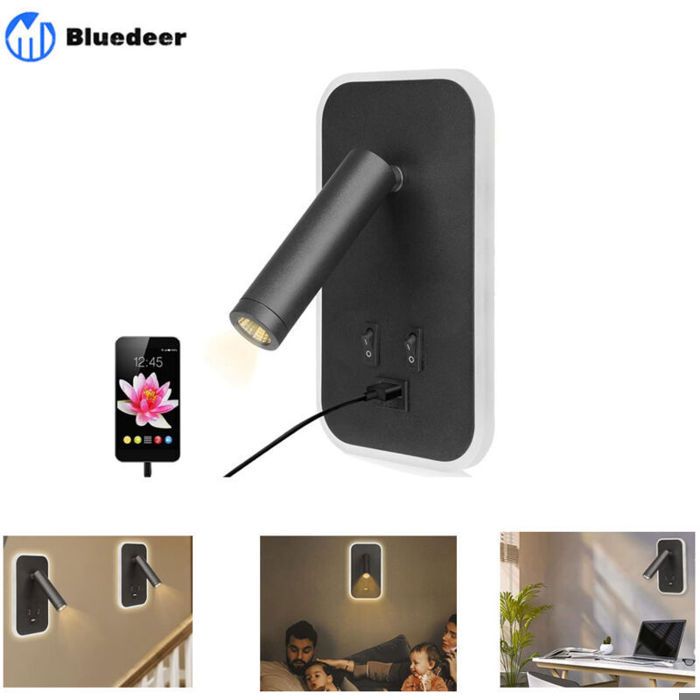 Applique murale LED - DEMA - Liseuse de chevet avec interrupteur - Port de charge USB intégré