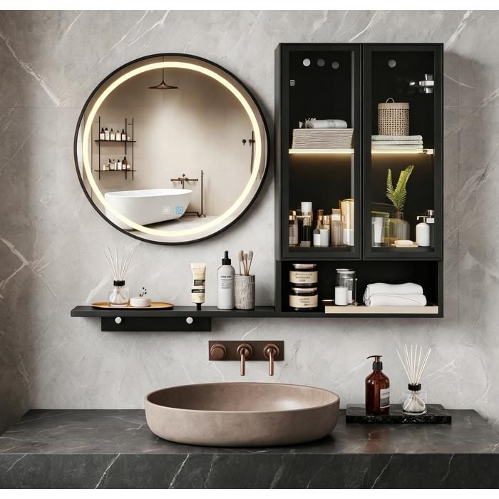 Miroir de Salle de Bain LED avec Armoire Murale Salle de Bain Étagère Anti-Buée Éclairage Réglable Noir