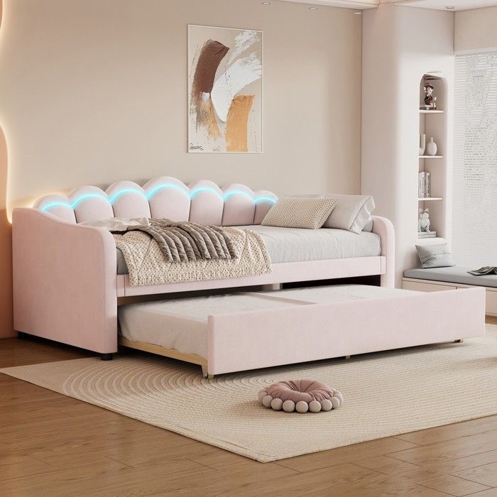 Lit enfant - PAGE Living - 90x200 cm - lit roulant escamotable - velours rose avec LED