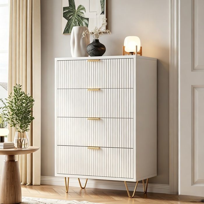 Commode 4 tiroirsmeuble de rangementbuffettable de chevetpieds dorésstyle luxe minimalistepour chambre salon couloirblanc