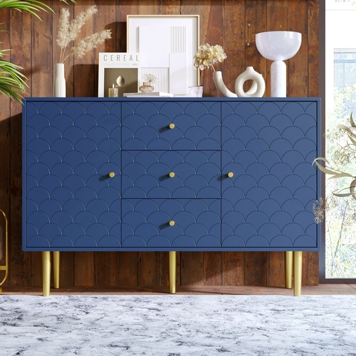 Buffet Moderne Meuble de Rangement avec 2 Portes et 3 Tiroirs Étagère Réglable pour Salon Salle à Manger 120x40x83cm Bleu Marine