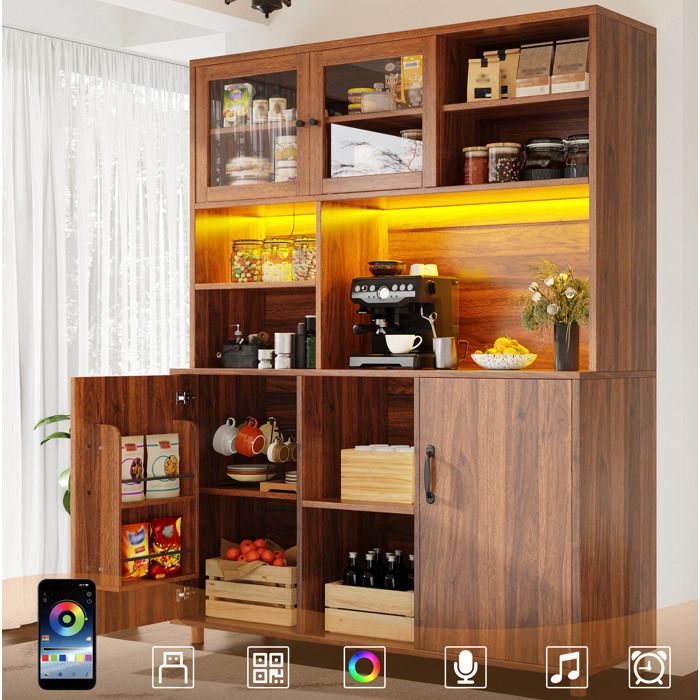 Buffet de cuisine LED en verre trempé contrôle via application USB anti-basculement marron noyer