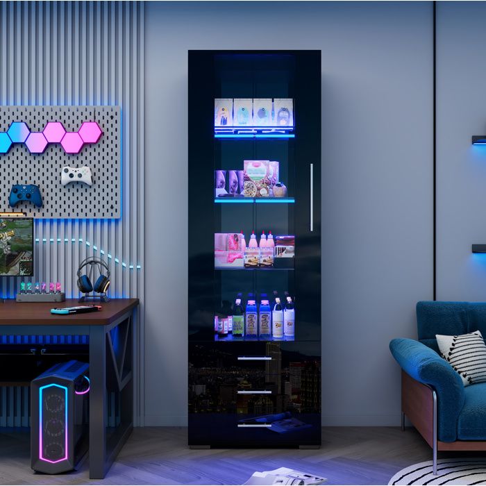 WOVREO Vitrine sur pied noire 60 x 35 x 180 cm avec LED pilotable par application 1 porte acrylique et 3 tiroirs
