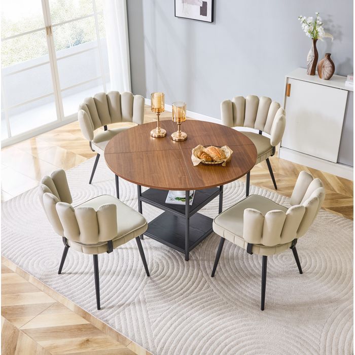 Ensemble table ronde 107 cm effet noyer avec double rangement et 4 chaises en tissu