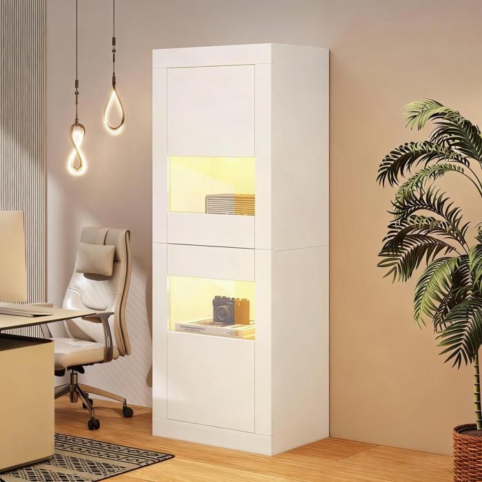 Vitrine blanche LED 61 x 42 x 162 cm meuble de rangement sur pied portes et étagères en verre
