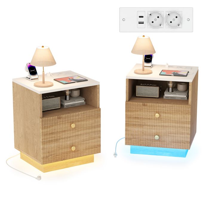 Lot de 2 Tables de Chevet avec LEDSORVAGLOSUSB Ports et Prises 2 TiroirsTable de Nuit Bois pour ChambreSalon44 x 38 x 55 cm