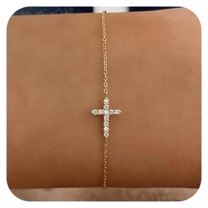 Bracelet Croix Pour Femmes Bracelet Plaqué Or 18K Avec Diamant Cz Et Croix Bracelet Réglable En Acier Inoxydable Bijoux Cade[PP183]