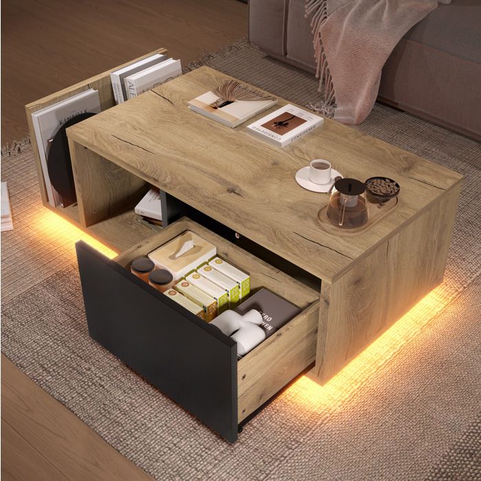 WOVREO Buffet bas rétro 99 5 x 53 x 38 cm avec LED intégrée 1 tiroir niche ouverte décor bois naturel