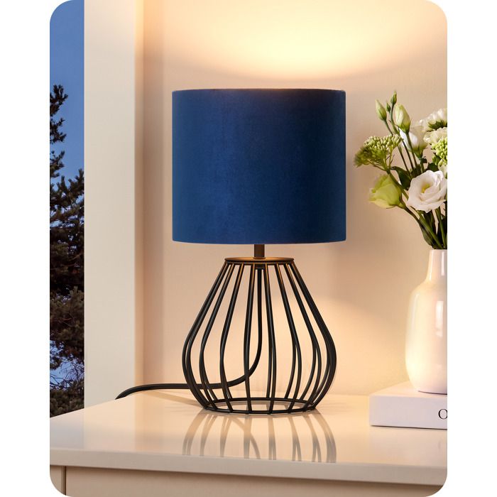 Lampe de Table - EDISHINE - EDISHINE - Abat-jour velours bleu saphir - Culot E14 LED 4W 2700K - Base métal noire
