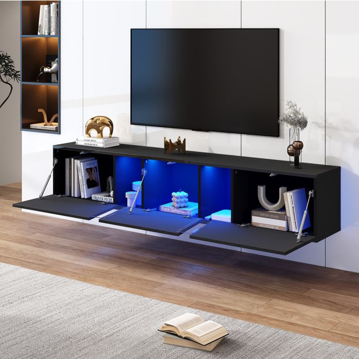 Meuble TV mural suspendu EVRYAE 180 x 35 x 30 cm avec LED controle par application 3 portes rangement noir brillant