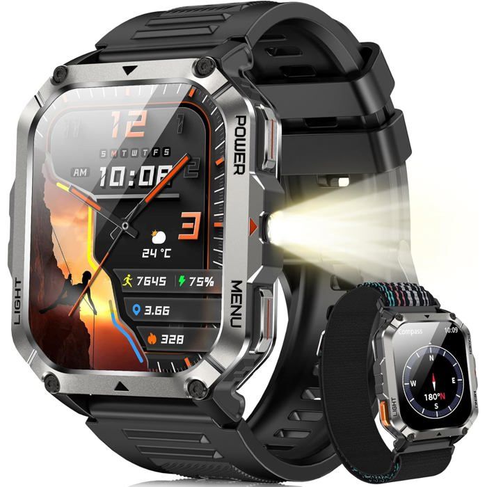 Montre Connectée Homme Avec 100 J Autonomie Montre Homme Boussole Et Lampe Torche Appels Bluetooth Smartwatch Surveillance Fréq