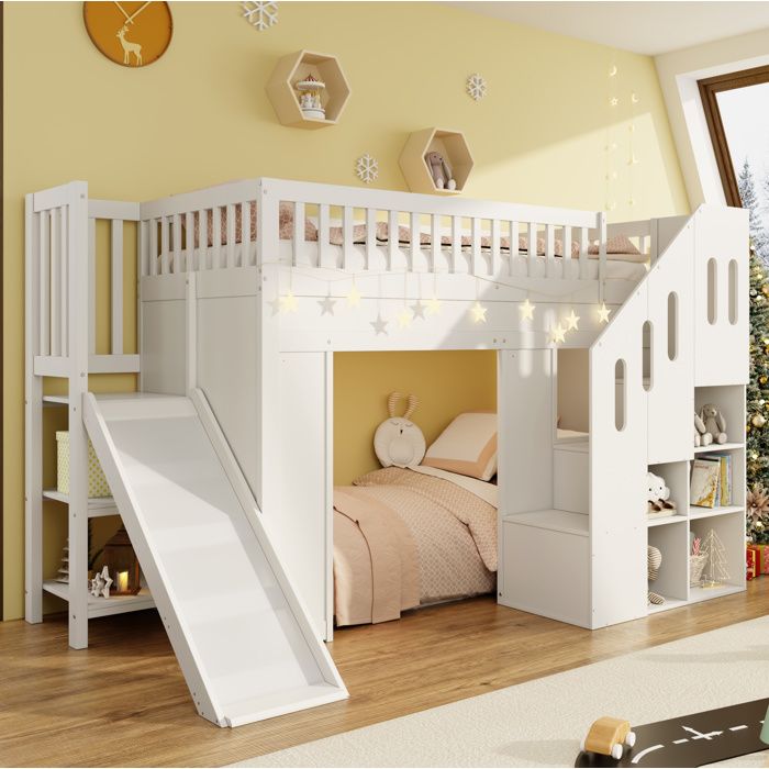 Lit Mezzanine Enfant 1 Place Toboggan Escalier de Rangement et LED Réglable 90 × 200 cm sans Matelas