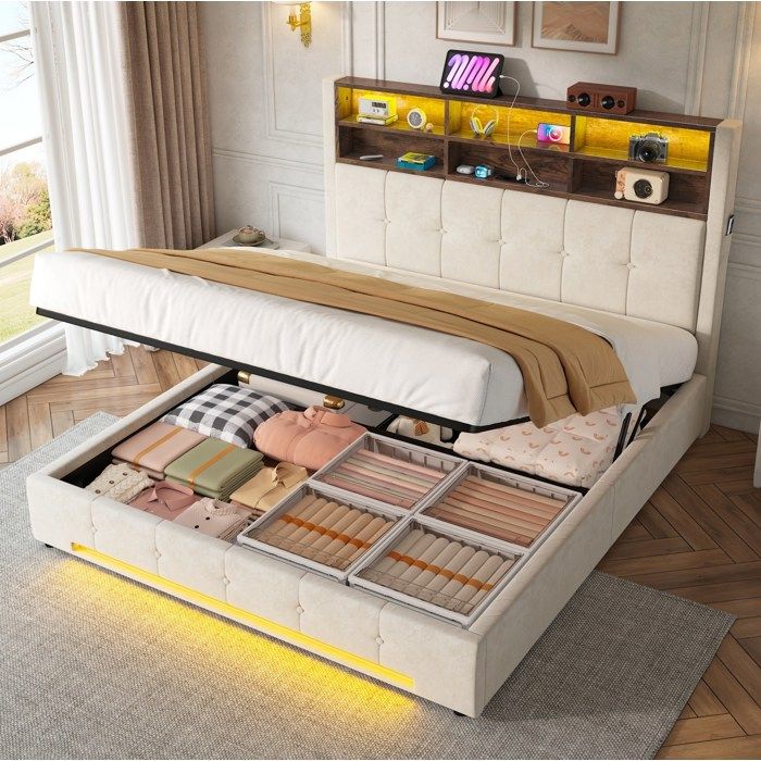 Lit Coffre 160x200 Velours Beige Sommier LED FloraGrace Pour Chambre Rangement Hydraulique 1625x220x131cm