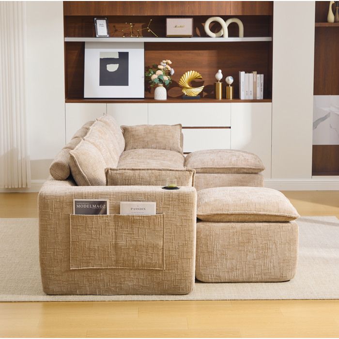 Canape Modulable 4 Places En Chenille Kaki Canape D Angle Moderne FloraGrace Pour Salon Avec 2 Poufs Et Rangement 322x161x75cm