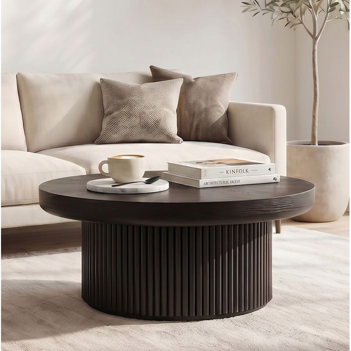 MEUBLIV Table basse ronde 78 cm plateau effet bois parquet noir base cylindrique cannelée plateau épais 8 cm