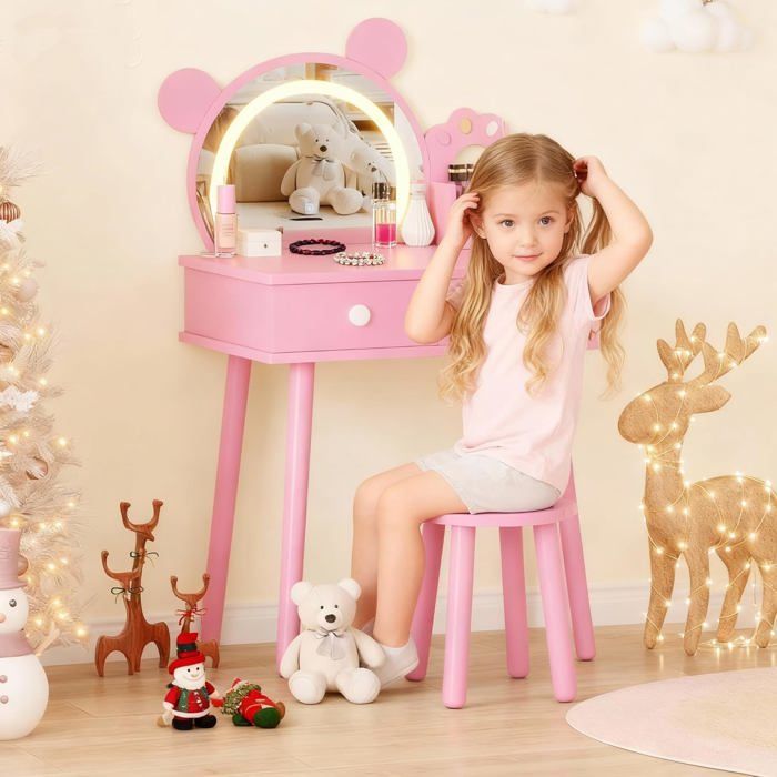 Coiffeuse princesse rose enfant avec miroir ours lumineux tabouret et tiroirs table maquillage bois pour chambre et jeu