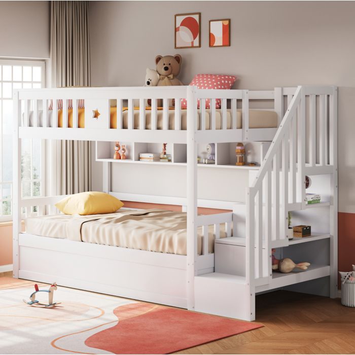Lit superposé 2 places 90×200 cm avec rangements escalier de rangement et étagères - LPOSPI - sans matelas bois - blanc