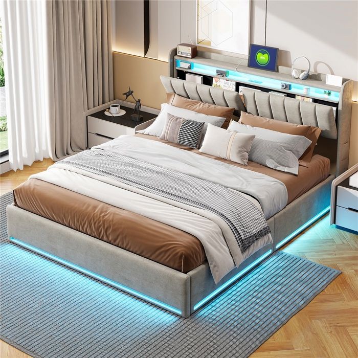 Lit coffre 140x190cm - Tête de lit rangement rabattable LED RGB & chargeur USB/C - Gris