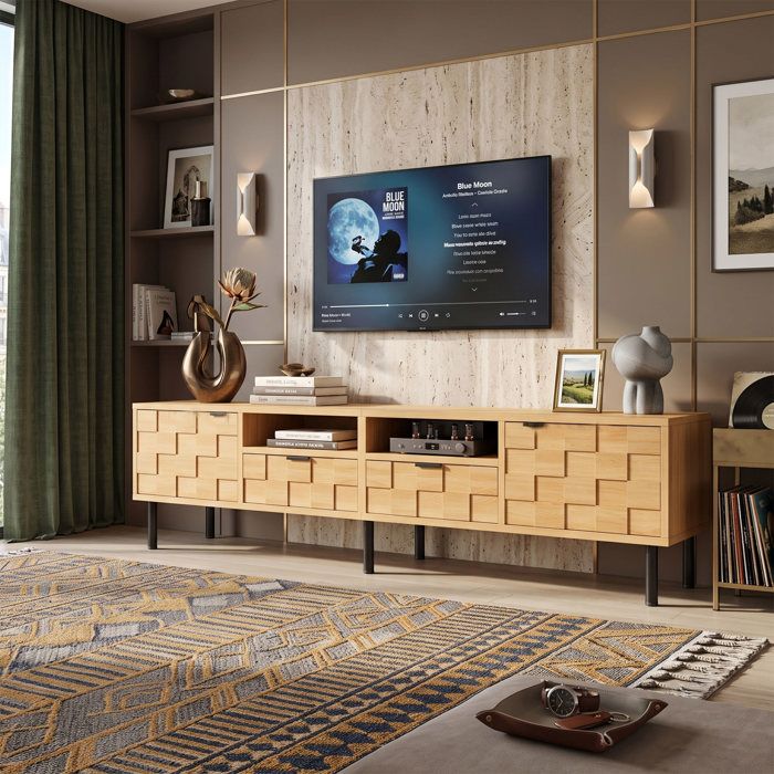 Meuble TV 200cm Rangement XXL Gain de Place Design soigné effet bois sculpté 3D - Pour TV jusquà 80 - Bois naturel