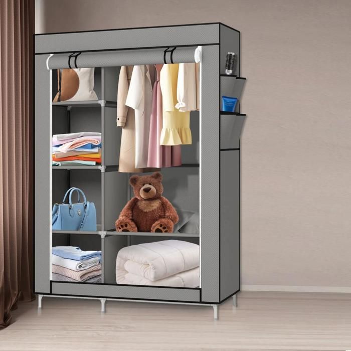 OHMG-Armoire En Tissu À 5 Compartiments-Avec Cintre-Rideau À Velcro-Pour Chambre Et Vestiaire-Grande Capacité-Partitionné-Gris