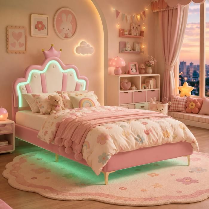 Lit Enfant Fille 90x200 CM avec Éclairage LED RGB - Lit Princesse avec Tête de Lit Couronne Réglable - 1 Places- Similicuir - Rose