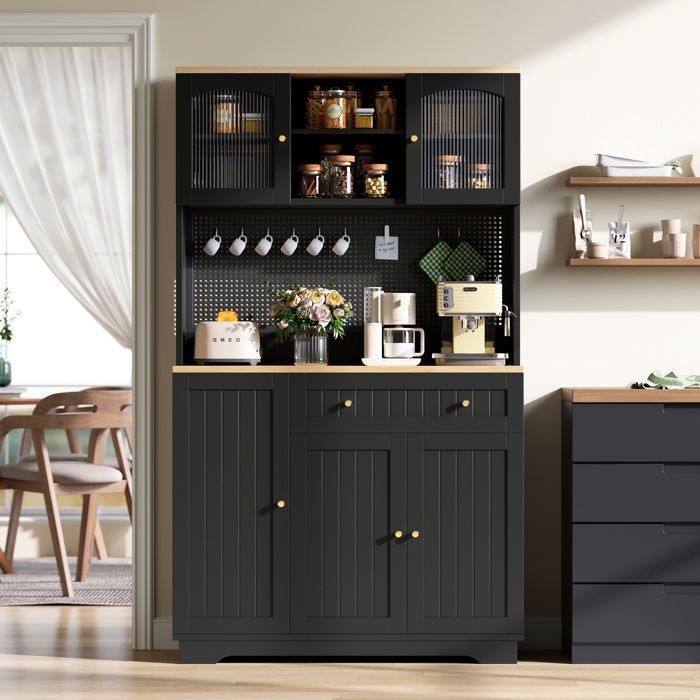 Buffet de Cuisine 180 cm - Noir - Vaisselier avec Portes Transparentes Étagères Réglables Panneau Perforé Buffet de Cuisine 180 cm - Noir - Vaisselier avec Portes Transparentes Étagères Réglables Panneau Perforé
