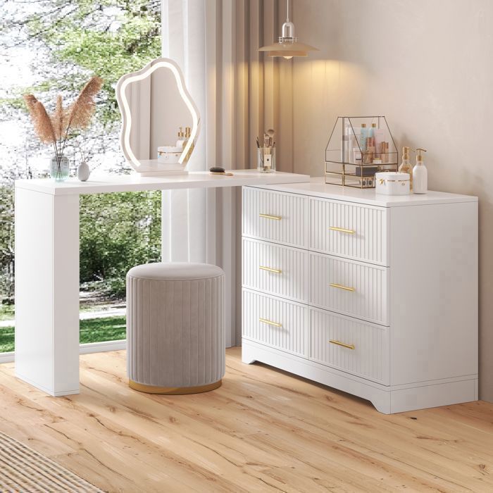 Coiffeuse Pivotante - MERAX - avec Miroir LED - Commode 6 Tiroirs - Bureau 2 en 1 - Blanc - 110 × 40 × 129 cm
