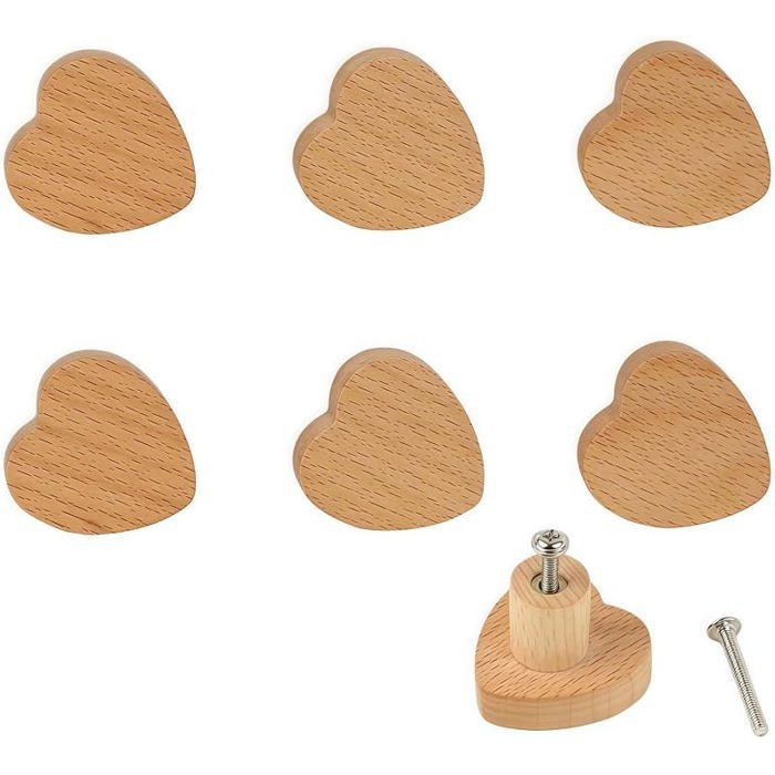 Bouton de Meuble 6 Pièces Poignee de Meuble en Forme de Cœur Boutons de meubles pour enfants en bois massif avec texture