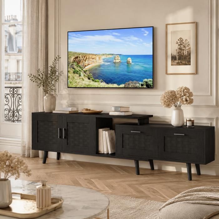 Meuble TV extensible 180 cm Banc TV avec 2 Portes et 2 Tiroirs imitation rotin PVC rangements et pieds bois Pour TV jusquà 75 noir
