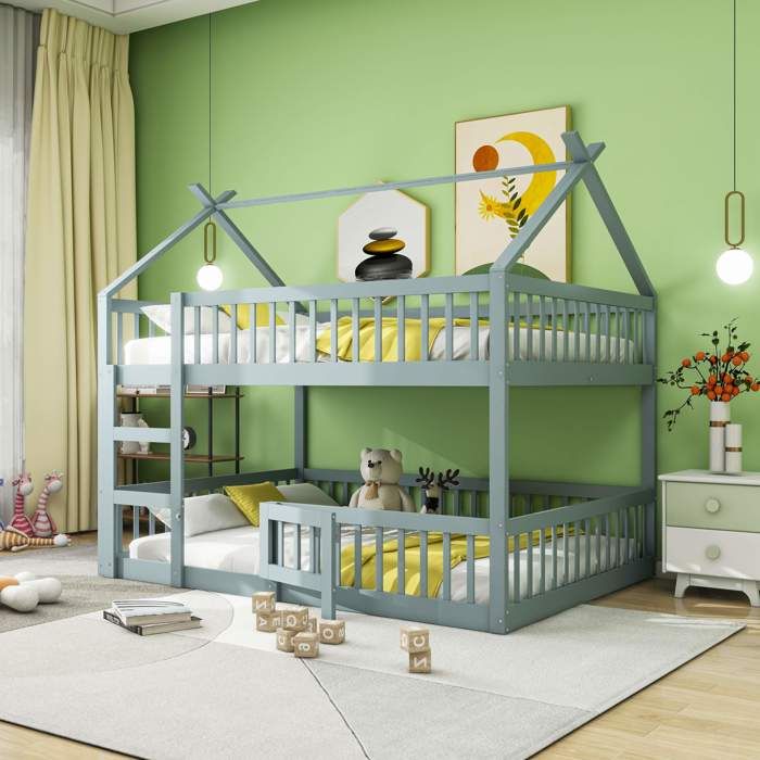 Lit superposé 140x200 pour enfant 2 couchages avec escalier et rangement gris