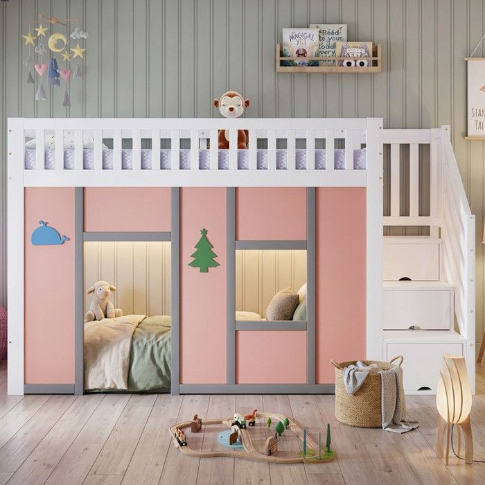 Lit mezzanine enfant 90x200 cm lit enfant cabane ludique avec escalier de stockage et espace de jeu
