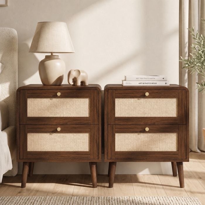 Table de Chevet Lot de 2 Table de Nuit avec 2 Tiroirs en Rotin Commode Chambre Pieds en Bois Massif Pour Bureau Salon Noyer