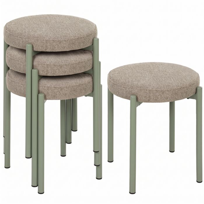 Tabourets - HOMCOM - 4 places empilables ronds assise rembourrée sans dossier - tissu effet lin - 45x45x47 5cm - marron clair Tabourets - HOMCOM - 4 places empilables ronds assise rembourrée sans dossier - tissu effet lin - 45x45x47 5cm - marron clair