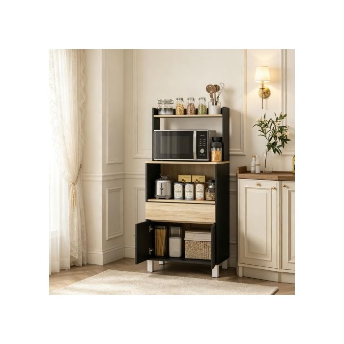 MEULVA Meuble micro-ondes noir et décor chêne 1 tiroir et placard 2 portes 60 x 40 x 131 cm