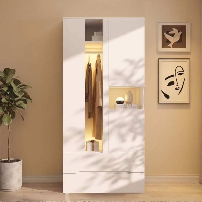 MERAX Armoire Chambre avec 3 Portes LED 2 Tiroirs et 6 Compartiments 90 x 50 x 200 cm Blanc MERAX Armoire Chambre avec 3 Portes LED 2 Tiroirs et 6 Compartiments 90 x 50 x 200 cm Blanc