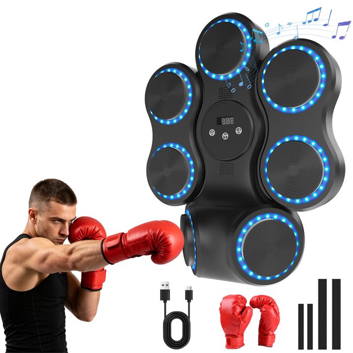 Machine de boxe musicale murale Bluetooth 7 cibles 9 vitesses 11 modes LED batterie 1200mAh sans perçage – Gants adulte