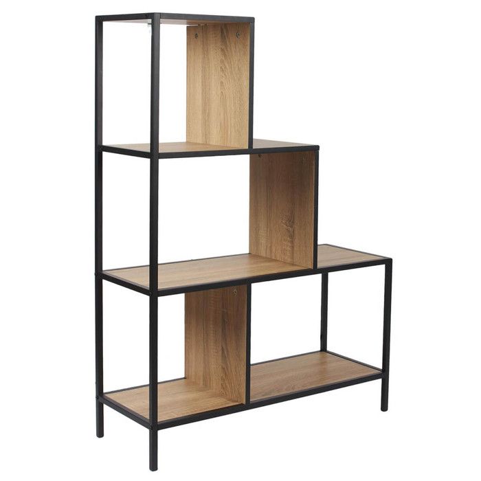 ENDIS - Etagère Escalier 4 Niveaux Aspect Bois et Métal Noir