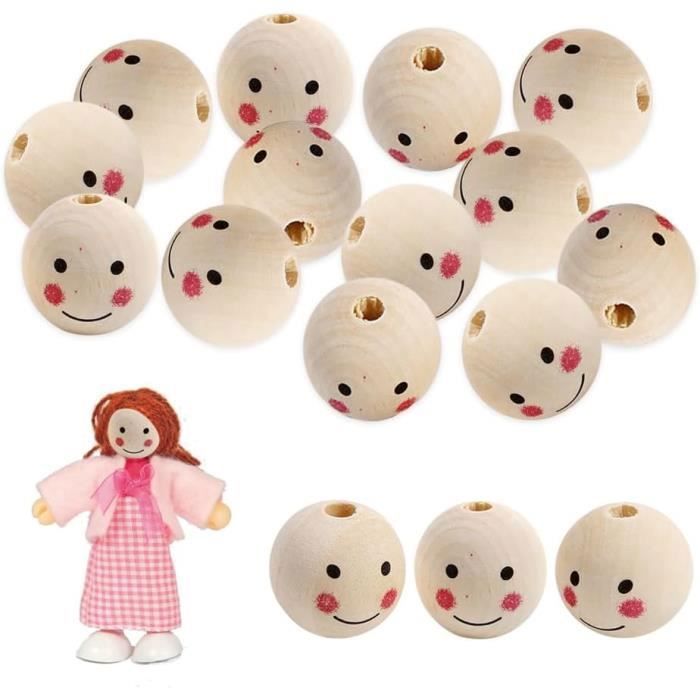 100 Perles En Bois Avec Visage, Perles En Bois Avec Visage, Grandes Perles En Bois Naturel DIY Bijoux Fabrication Colliers Bracelets - Beaux-Arts Et Loisirs Créatifs