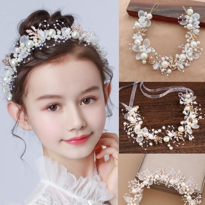 Serre-tête Fille Perles Et Ruban Doré - Couronne De Fleurs Pour Communion, Mariage, Baptême - Accessoire Cheveux Réglable - 11
