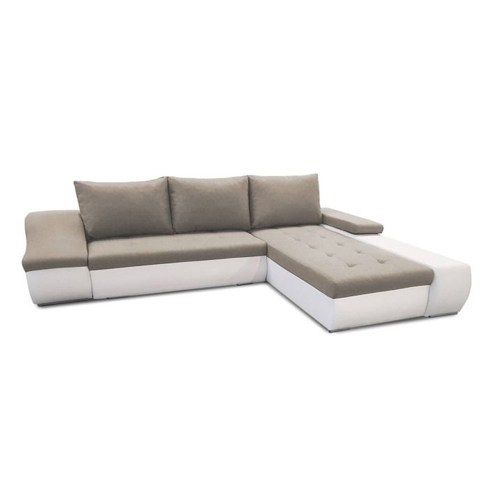 LOHAN - Canapé d’angle convertible coffre de rangement en tissu beige et simili blanc - Angle droit LOHAN - Canapé d’angle convertible coffre de rangement en tissu beige et simili blanc - Angle droit