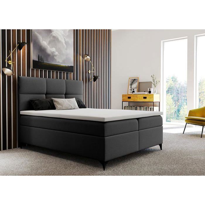 Lit adulte 200x200 cm LIMBA - avec matelas ressorts int&eacute;gr&eacute;s rangement et surmatelas - tissu velours &ndash; gris fonc&eacute; 