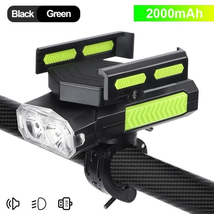 vert 2000mah - vélo lumière 5 en 1 corne support de téléphone vélo lampe de poche vélo avant lumière vtt vélo